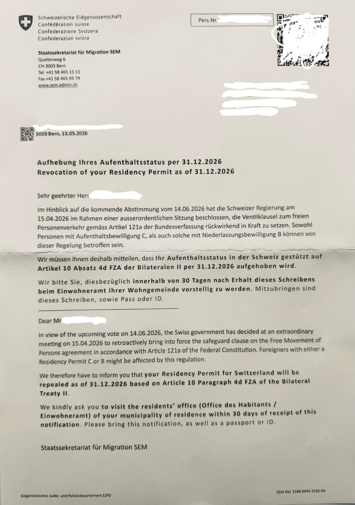 Fałszywy list od Staatssekretariat für Migration (SEM) OSZUSTWO w Szwajcarii